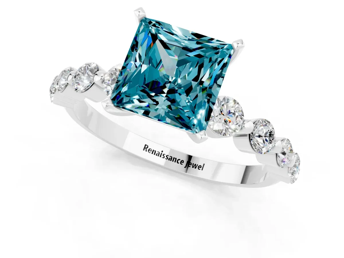 Princess Cut Solitaire Blue Topaz Ring with Pave Band and Four-Prong Setting Silver