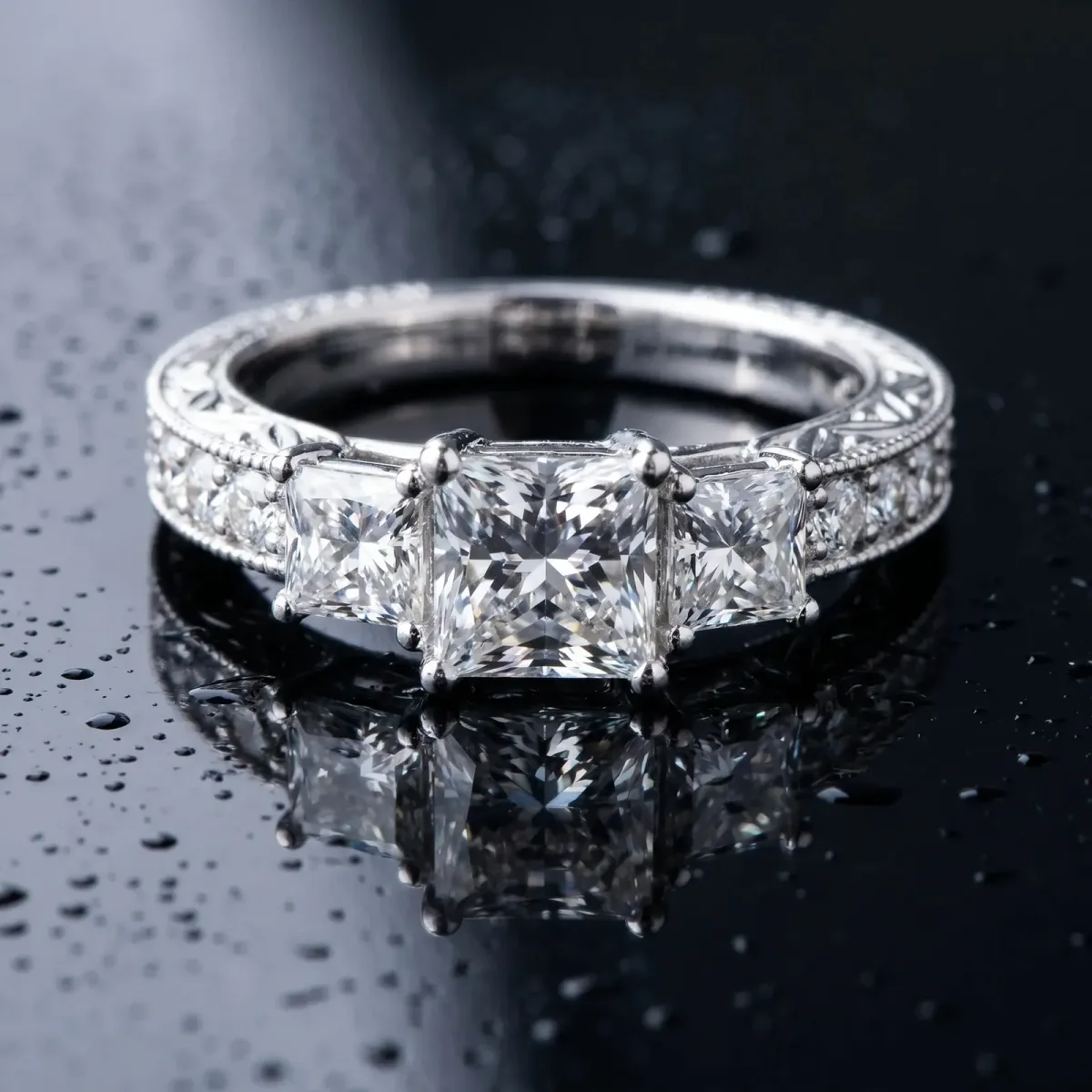Three-Stone Asscher Cut Cut Milgrain Pavé Engagement Ring Platinum