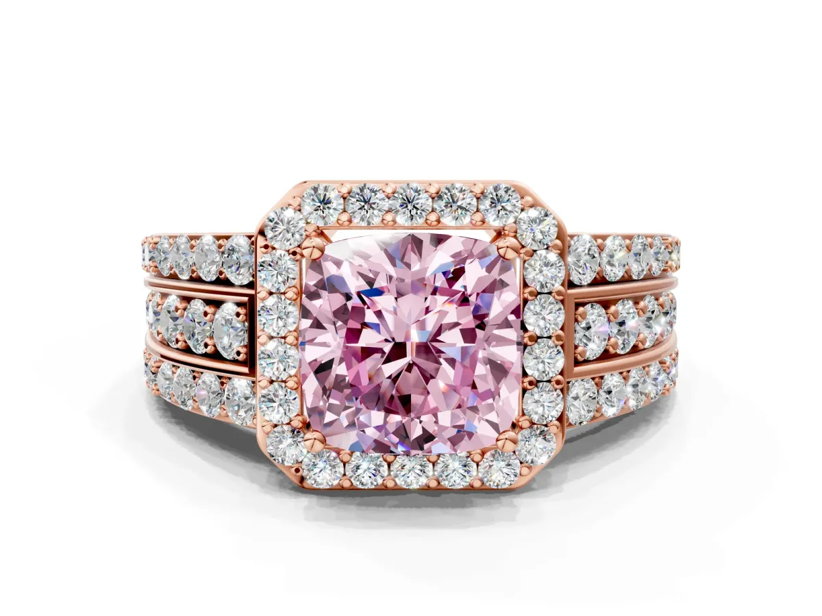 Fancy Pink Cushion Cut Halo Diamond Ring with Round Split Shank and Prong Setting Rose gold