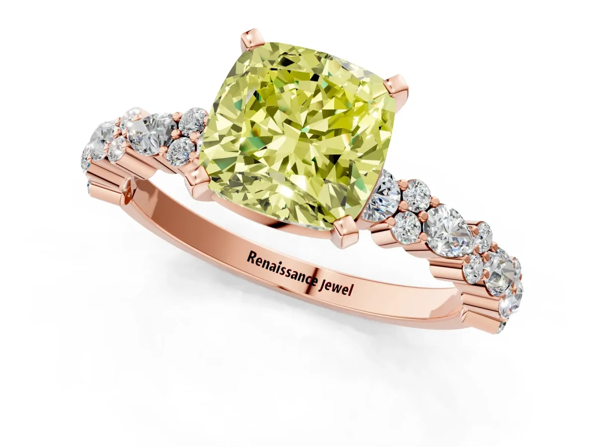 Fancy Yellow Cushion Cut Diamond Side Stone Solitaire Ring with Round and Four-Prong Setting Rose gold