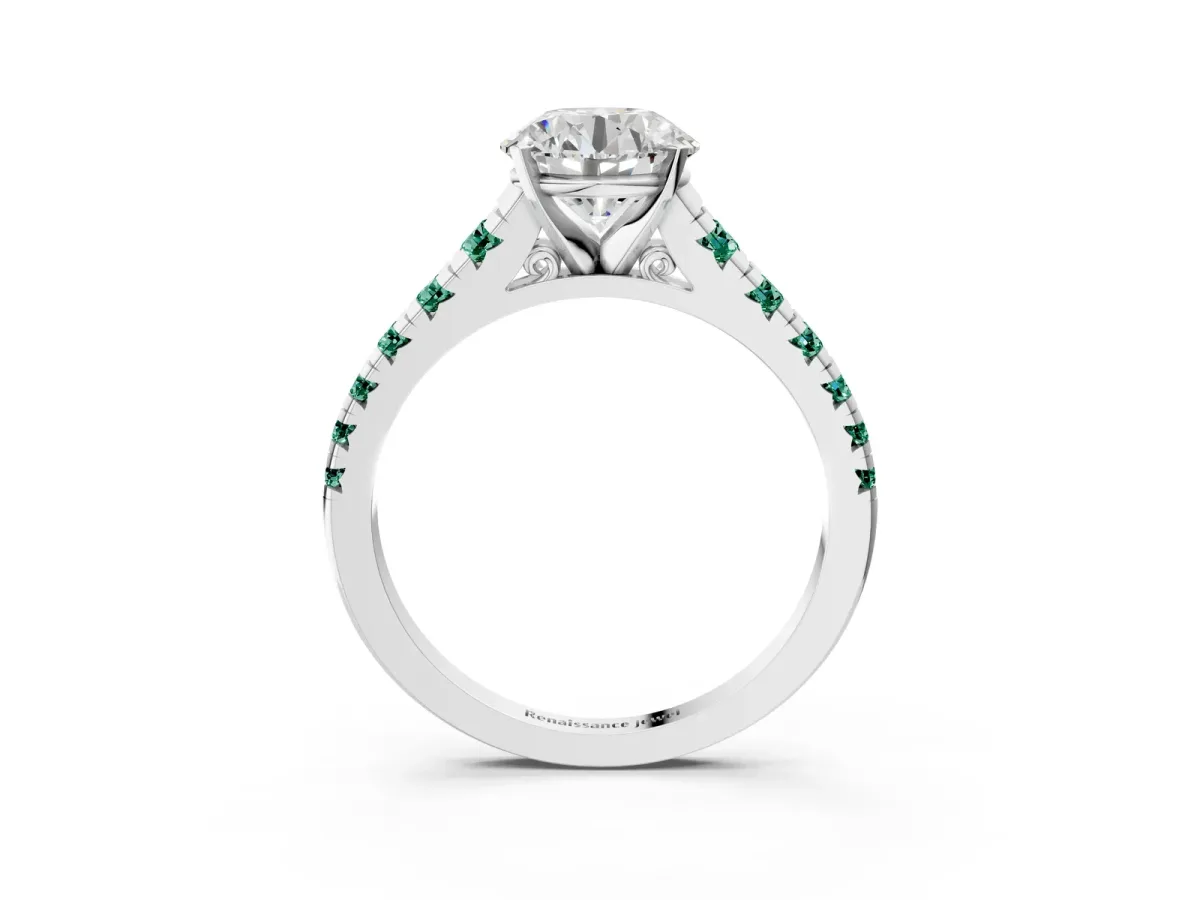 Round Cut Diamond Cathedral Solitaire Ring with Round Green Sapphire Pavé Band Silver