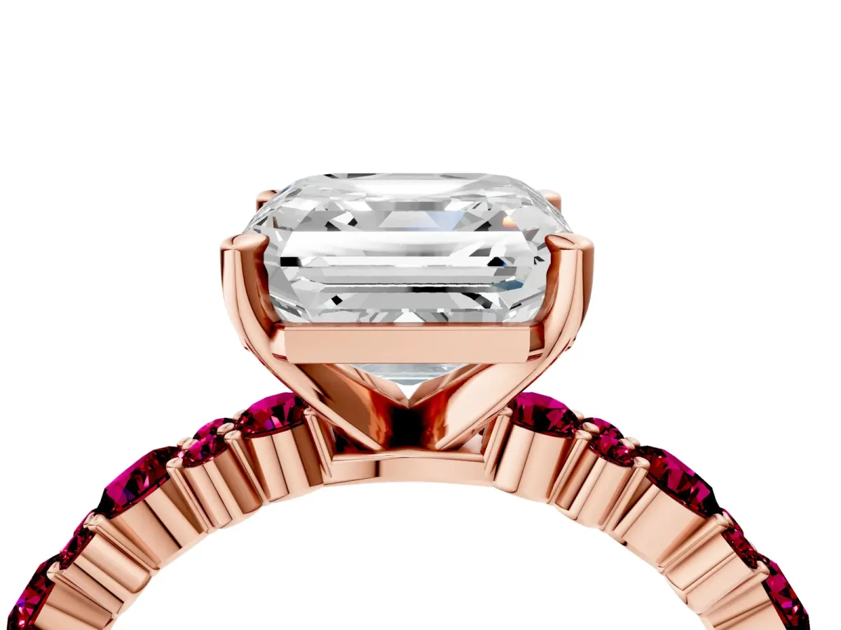 Asscher Cut Diamond Side Stone Solitaire Ring with Round Garnet and Four-Prong Setting Rose gold