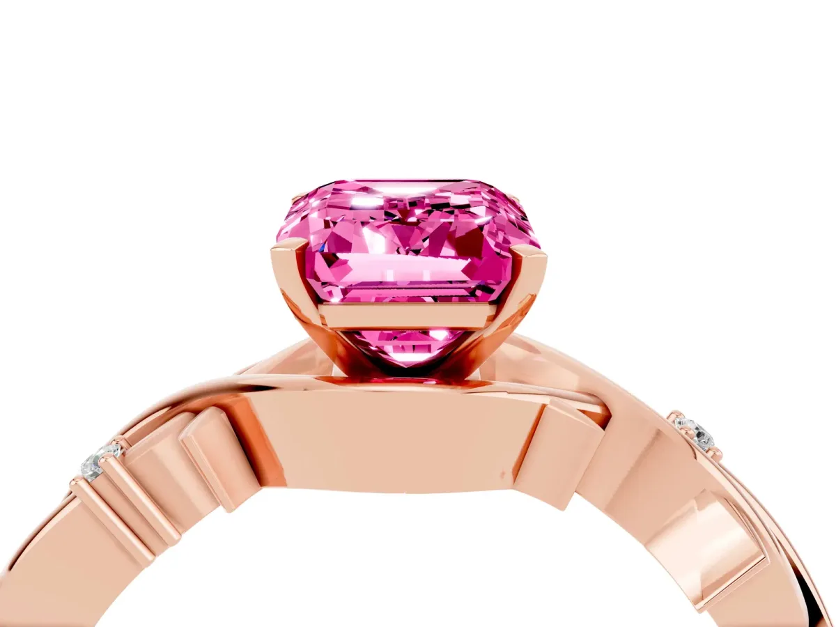 Emerald Cut Pink Sapphire Solitaire Ring with Twisted Band and Prong Setting Rose gold