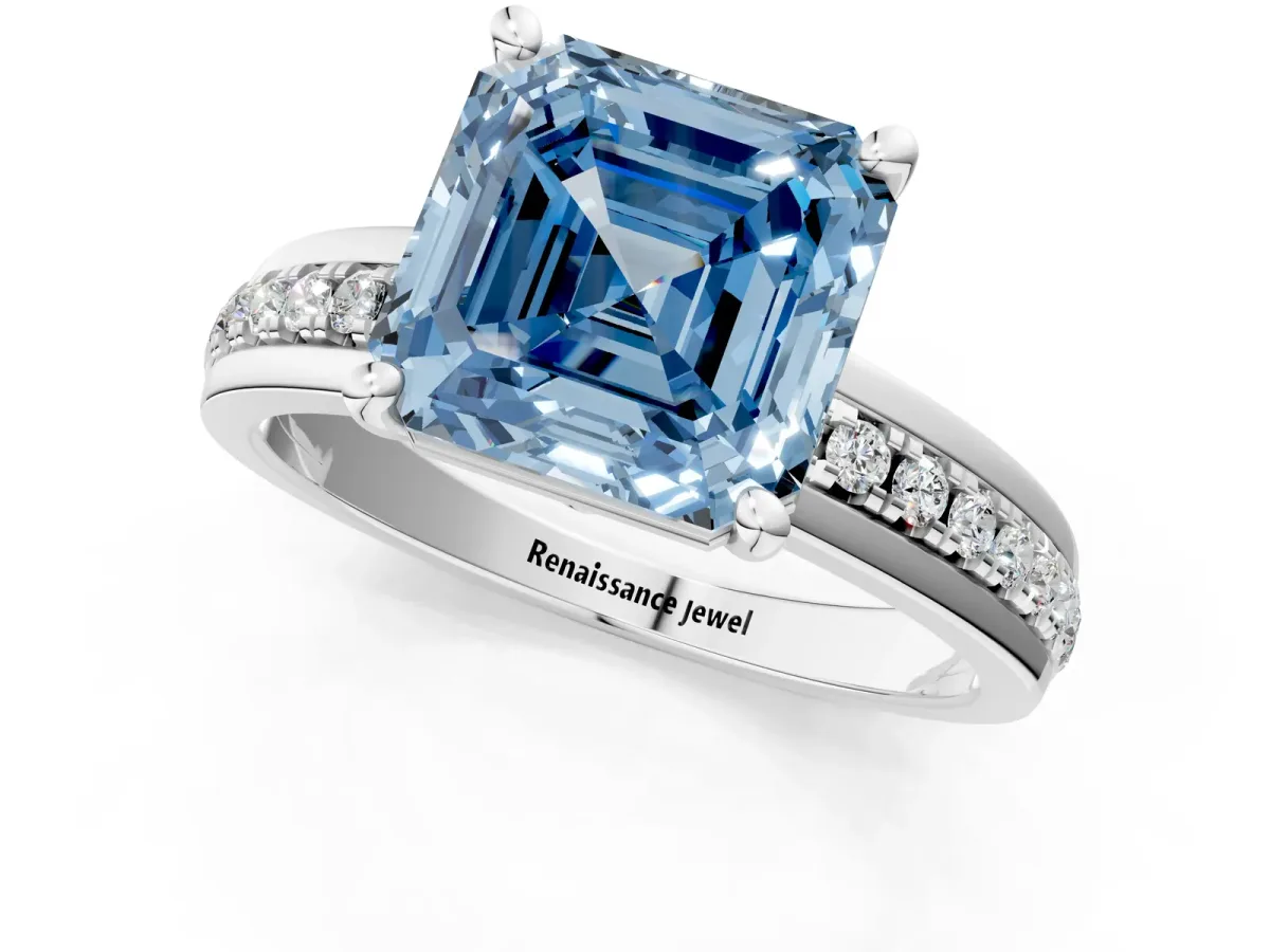 Fancy Blue Asscher Cut Solitaire Diamond Ring with Channel Set Band and Six-Prong Setting Platinum