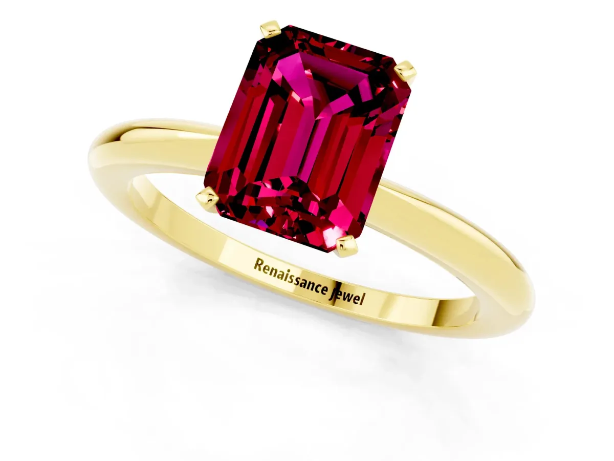 Emerald Cut Garnet Solitaire Ring with Six-Prong Setting and Classic Band Yellow gold