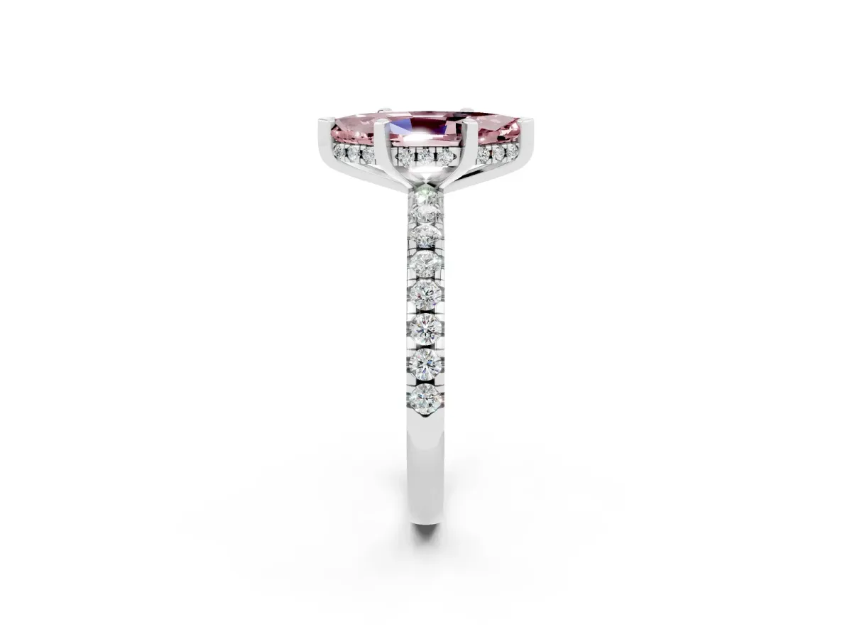 Marquise Cut Morganite Solitaire Ring with Round Pavé Band and Four-Prong Setting Silver