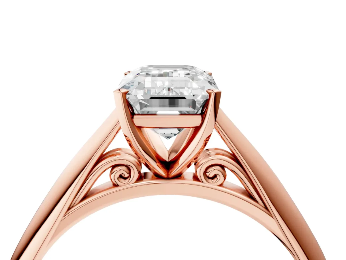 Emerald Cut Diamond Solitaire Engagement Ring with Cathedral Setting and Four-Prong Mount Rose gold