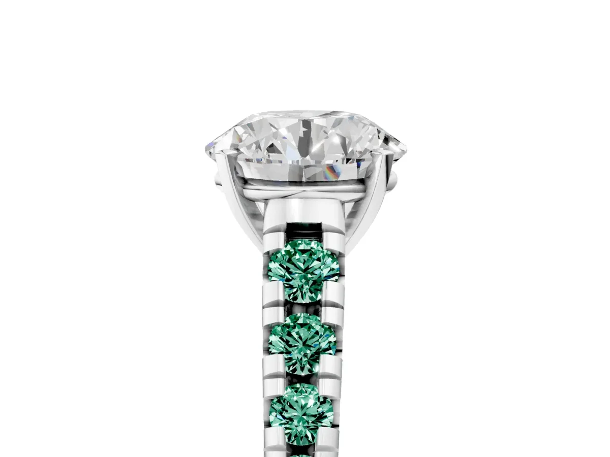 Round Cut Diamond Cathedral Solitaire Ring with Round Green Sapphire Pavé Band Silver