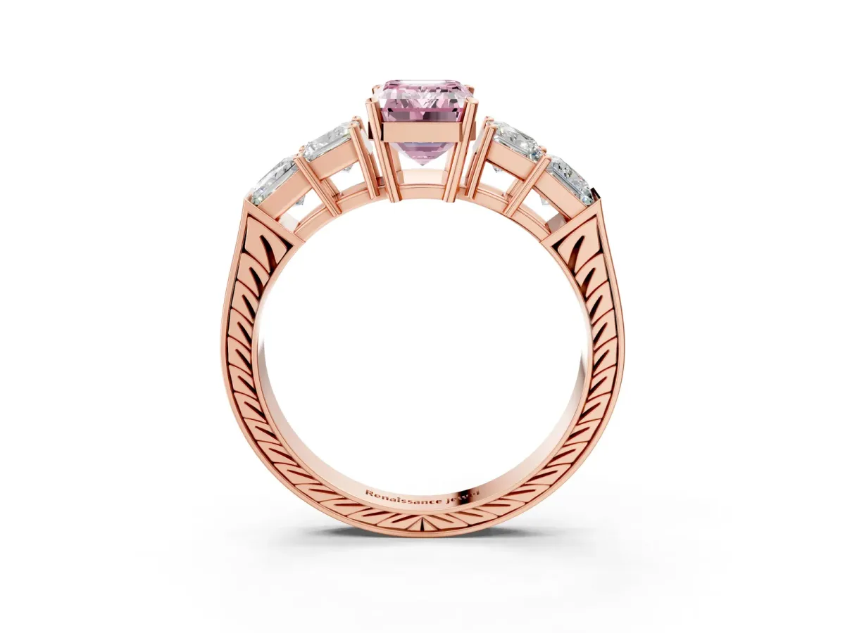 Fancy Pink Emerald Cut Solitaire Princess Side Stone Engraved Band Prong Setting Ring Rose gold
