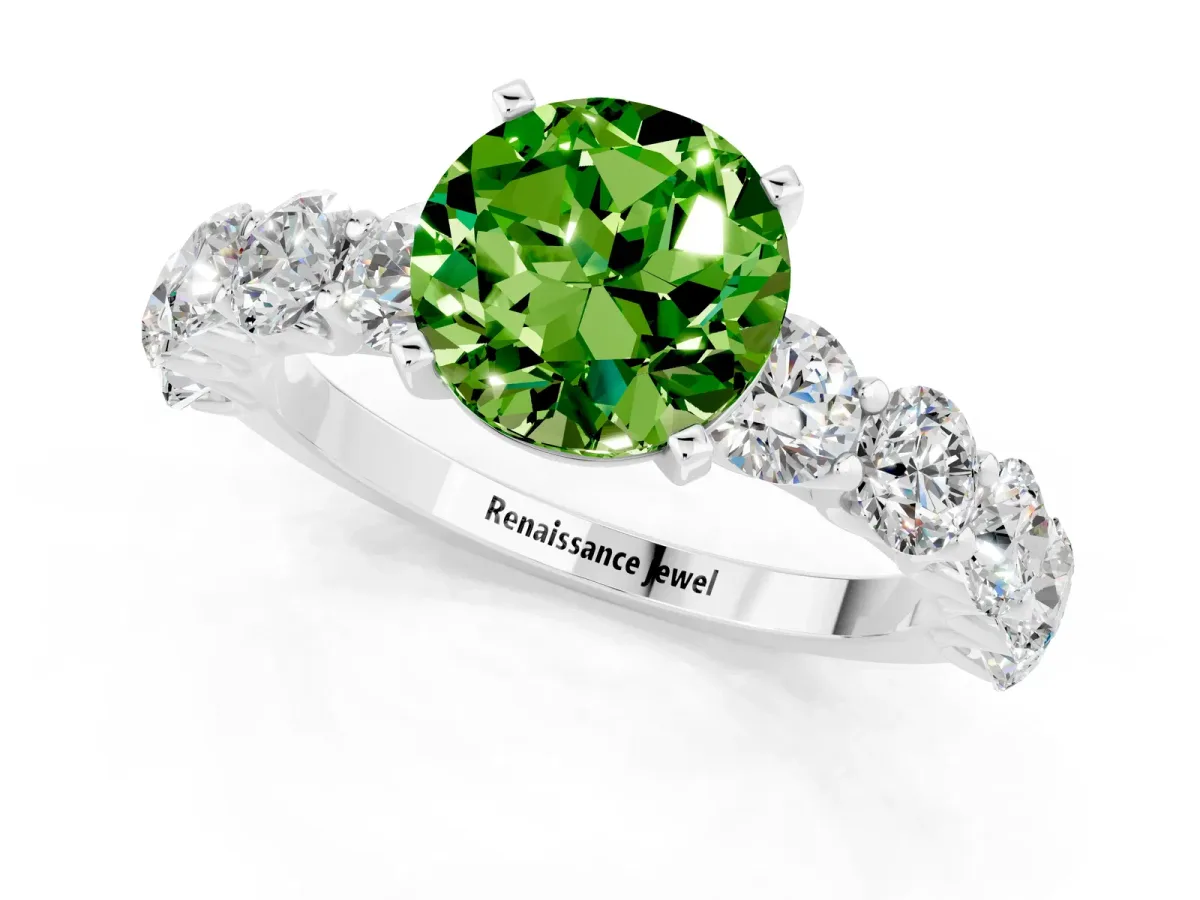 Round Cut Peridot Prong Setting with Side Stones on a Pave Band Platinum