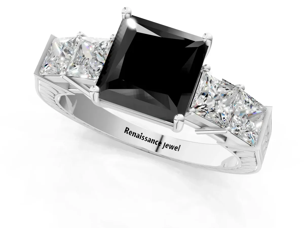 Fancy Black Princess Cut Solitaire Princess Side Stone Engraved Band Prong Setting Ring Silver