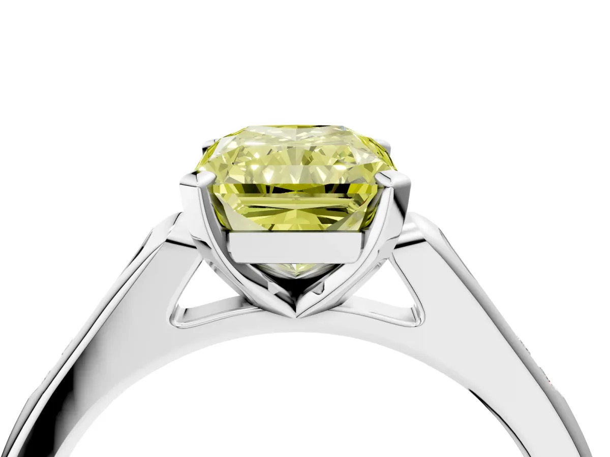 Fancy Yellow Radiant Cut Diamond Solitaire Ring with Channel Set Round Band and Prong Setting Silver