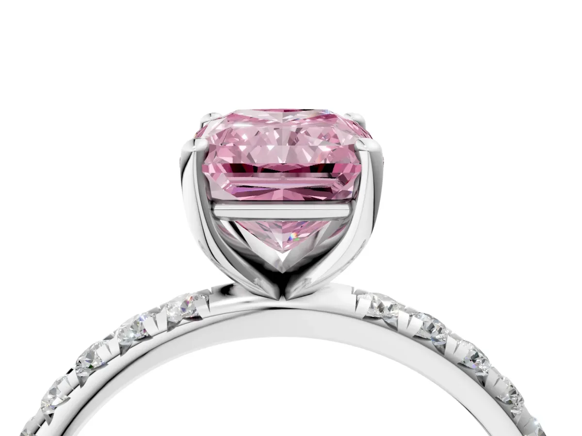 Fancy Pink Radiant Cut Cut Diamond Solitaire Ring with Micro Pave Band and Four Prong Setting Platinum