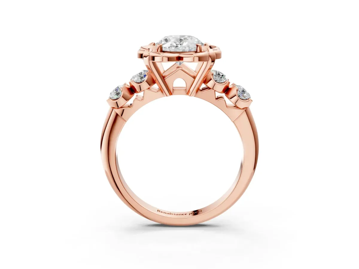 Oval Cut Cut Diamond Floral Halo Engagement Ring with Shared Prong Setting Rose gold