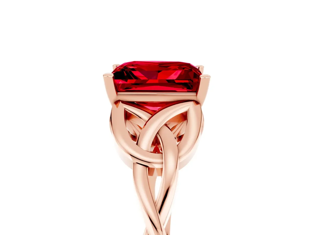 Princess Cut Ruby Solitaire Celtic Knot Ring with Four-Prong Setting Rose gold