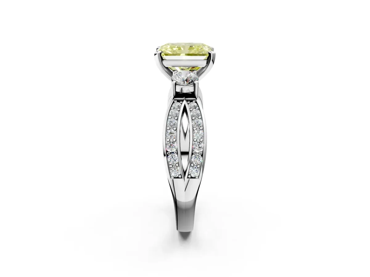 Fancy Yellow Three-Stone Radiant Cut Cut Diamond Twist Band with Prong Setting Platinum