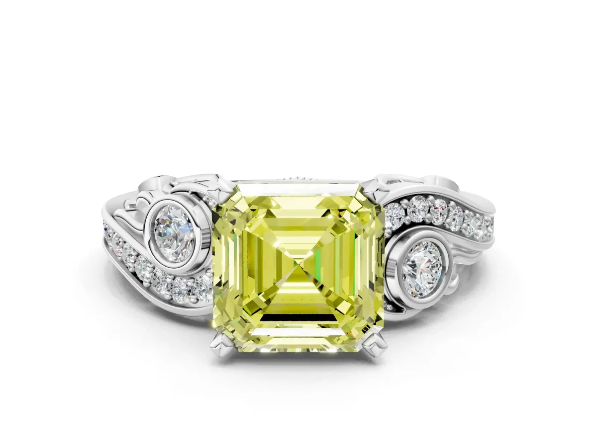 Fancy Yellow Asscher Cut Diamond Solitaire Ring with Milgrain Pavé Band and Four-Prong Setting Silver