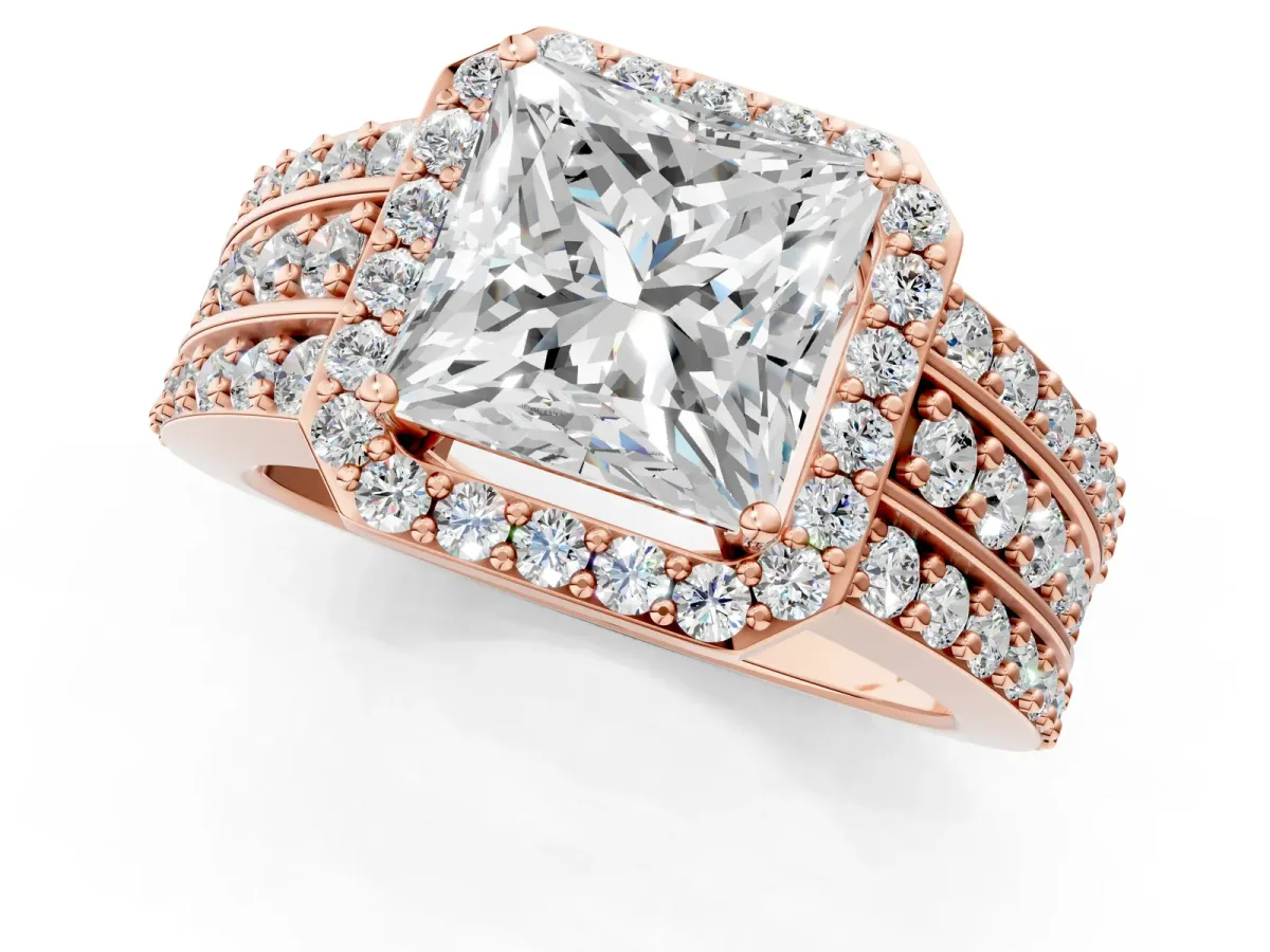Princess Cut Halo Diamond Ring with Round Split Shank and Prong Setting Rose gold