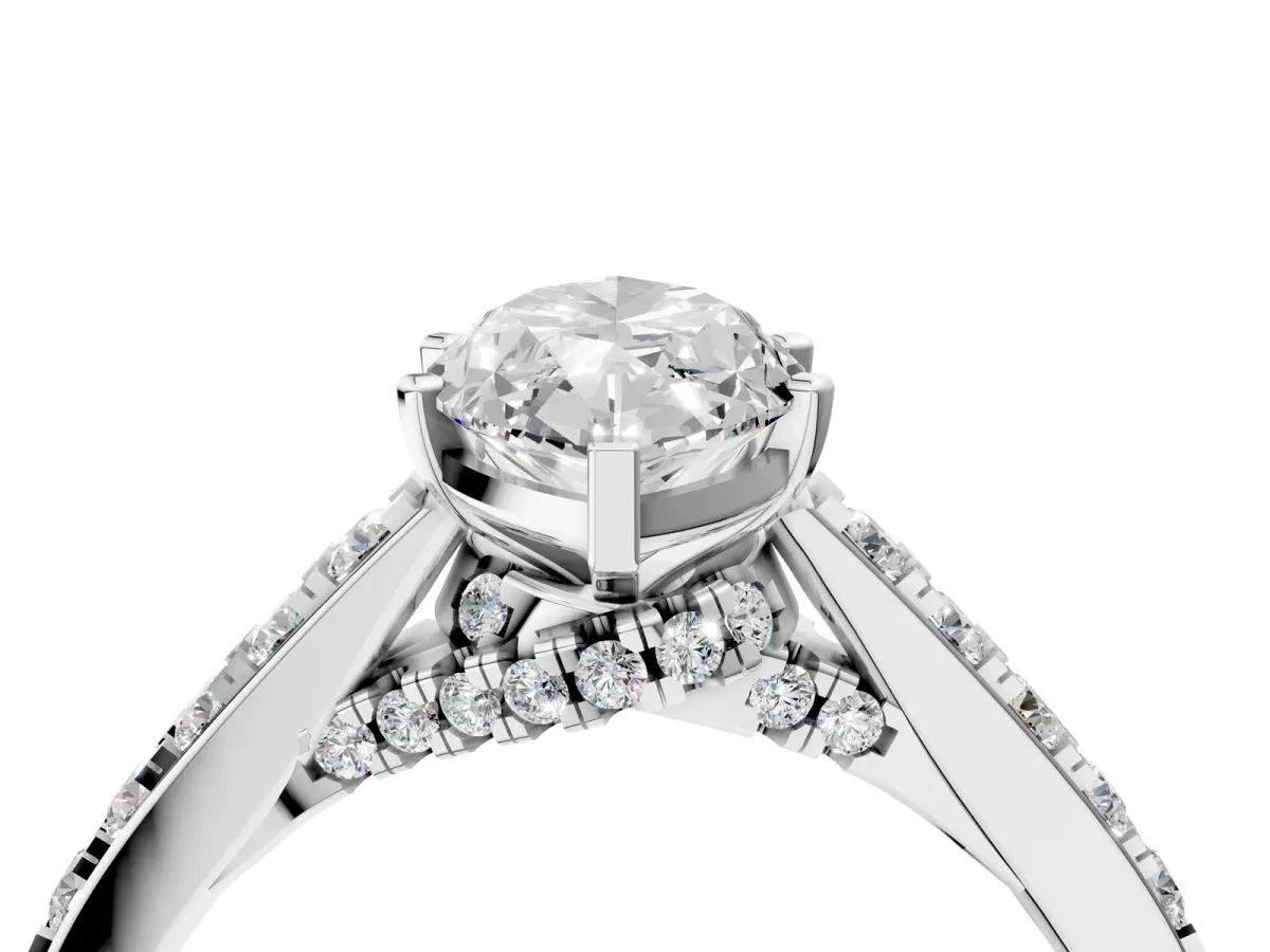 Marquise Cut Diamond Solitaire Ring with Crossover Gallery and Round Pavé Band Silver