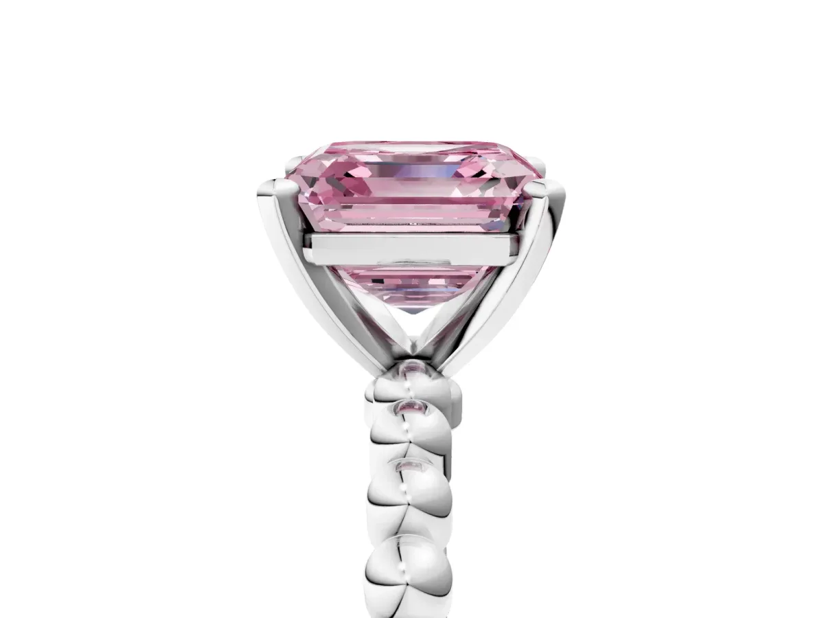 Fancy Pink Asscher Cut Diamond Solitaire Ring with Beaded Band and Prong Setting Platinum