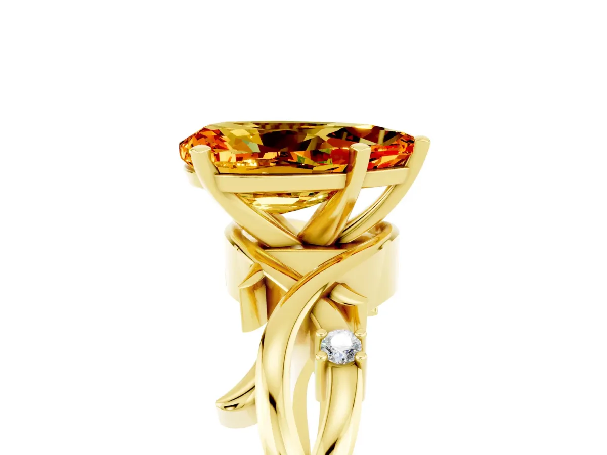 Pear Cut Citrine Solitaire Ring with Twisted Band and Prong Setting Yellow gold
