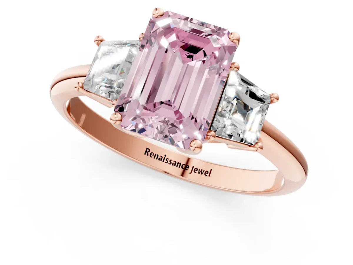 Fancy Pink Emerald Cut Diamond Three-Stone Ring with Trapezoid Side Stones and Prong Setting Rose gold