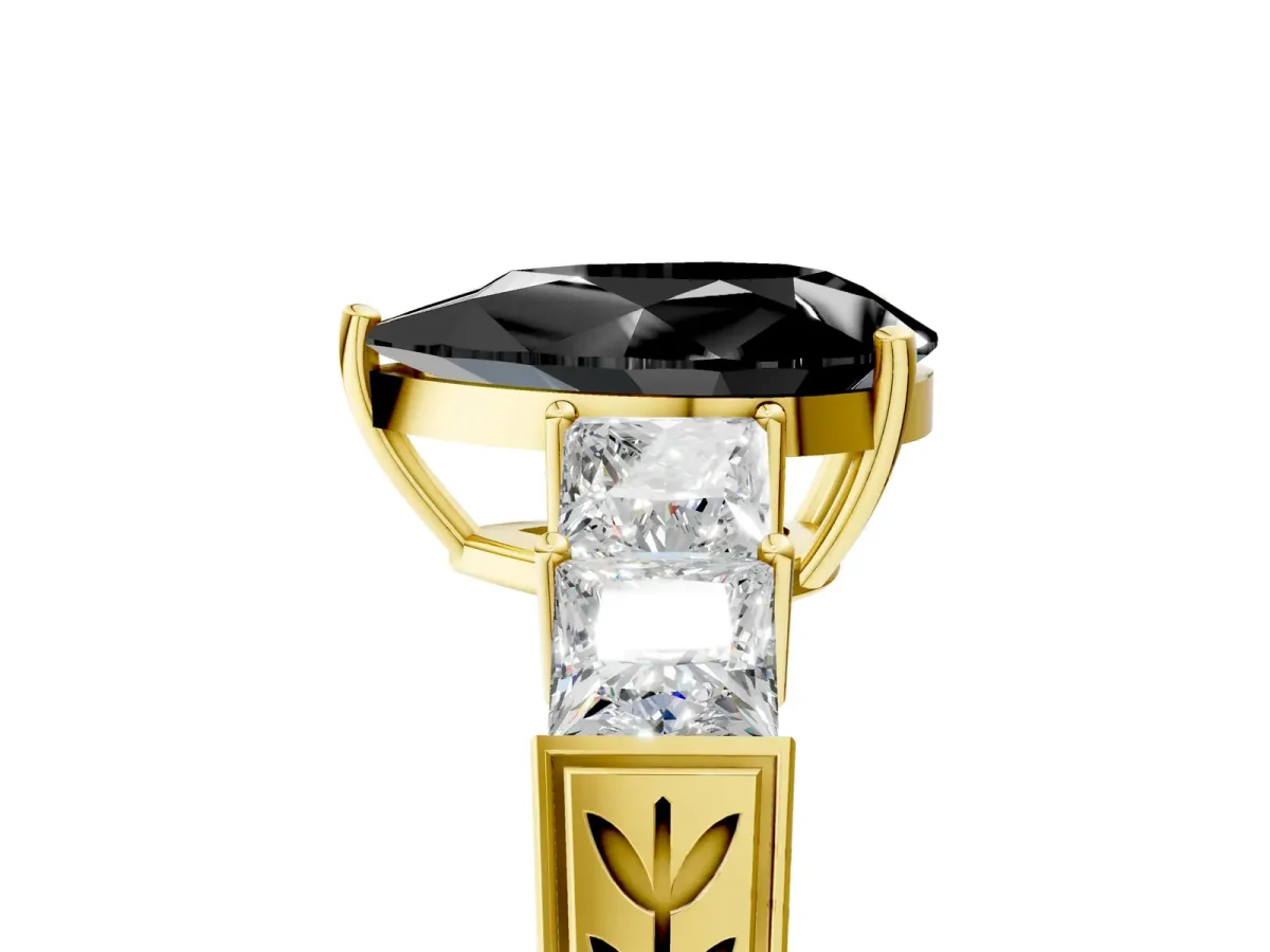 Fancy Black Pear Cut Solitaire Princess Side Stone Engraved Band Prong Setting Ring Yellow gold