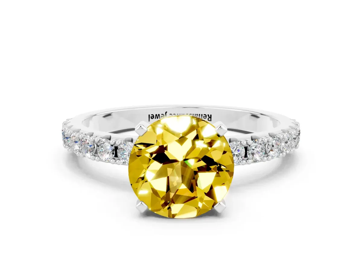 Round Cut Yellow Sapphire Solitaire Pavé Band with Four-Prong Setting Silver