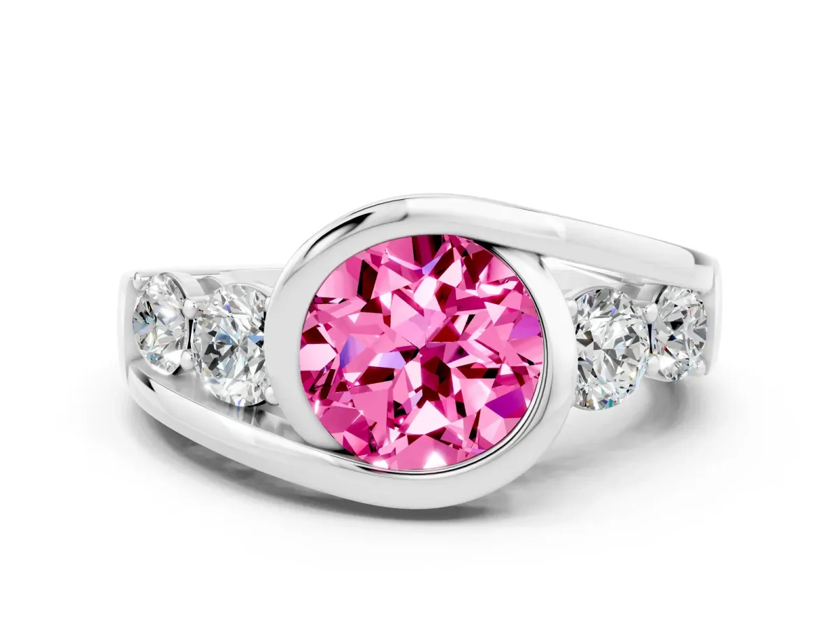 Bezel Set Round Cut Pink Sapphire Bypass Ring with Round Accents Silver