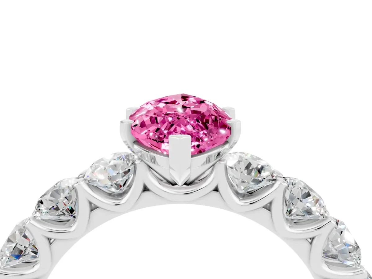 Marquise Cut Pink Sapphire Prong Setting with Side Stones on a Pave Band Silver