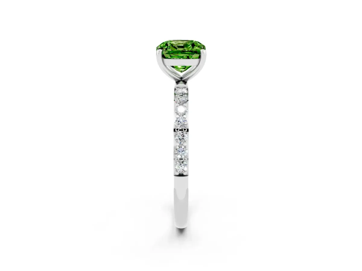 Cushion Cut Peridot Solitaire Ring with Round Pavé Band and Prong Setting Silver