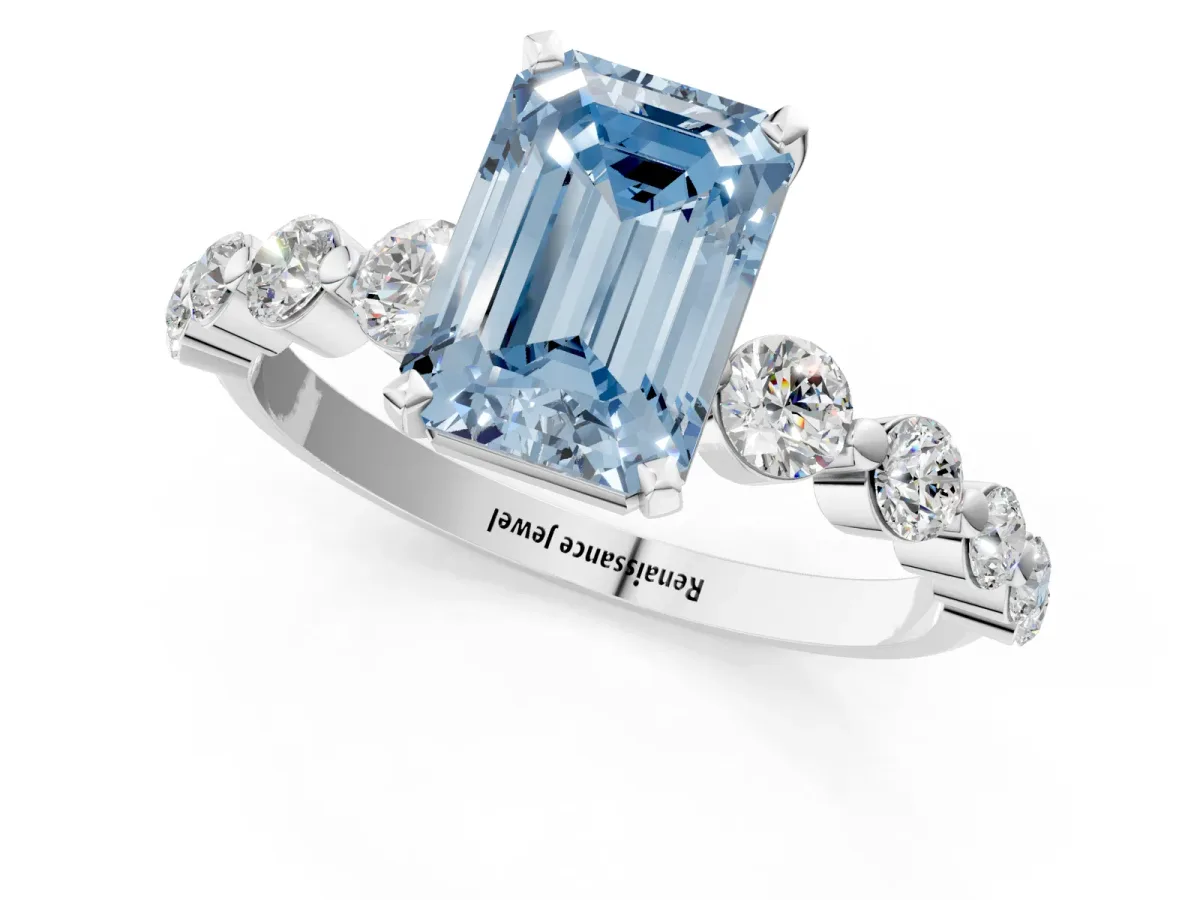 Fancy Blue Emerald Cut Solitaire Diamond Ring with Pave Band and Four-Prong Setting Platinum