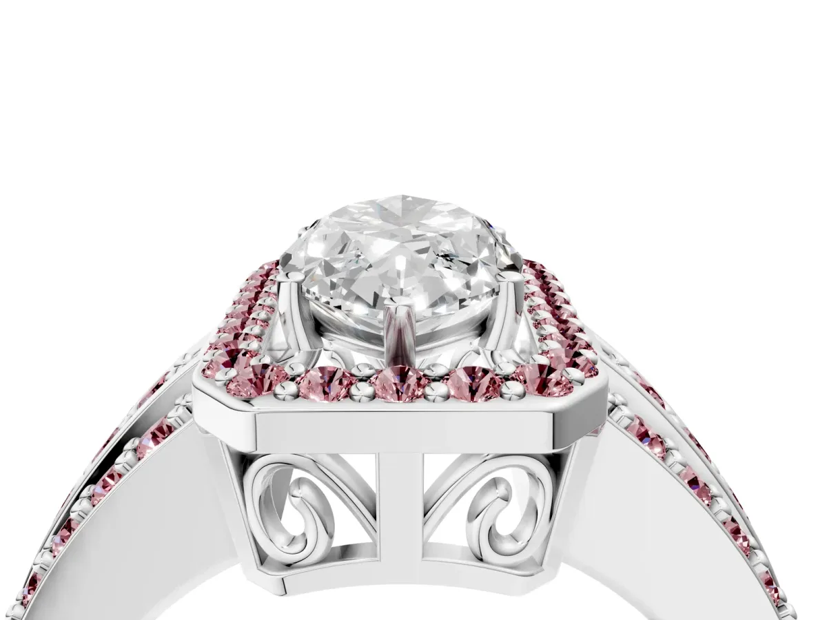 Marquise Cut Halo Diamond Ring with Round Morganite Split Shank and Prong Setting Silver