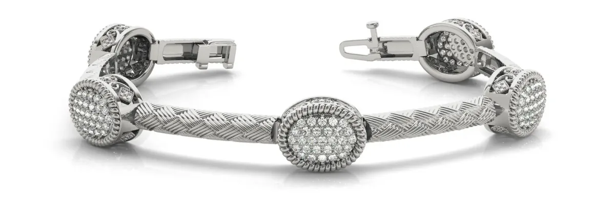 Pavé Round Stone Woven Band Bracelet with Bezel Setting White gold