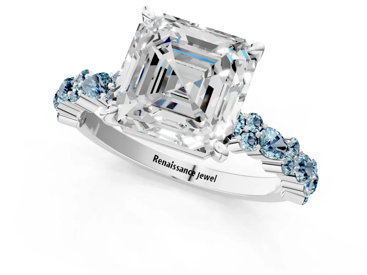 Asscher Cut Diamond Side Stone Solitaire Ring with Round Aquamarine and Four-Prong Setting Silver