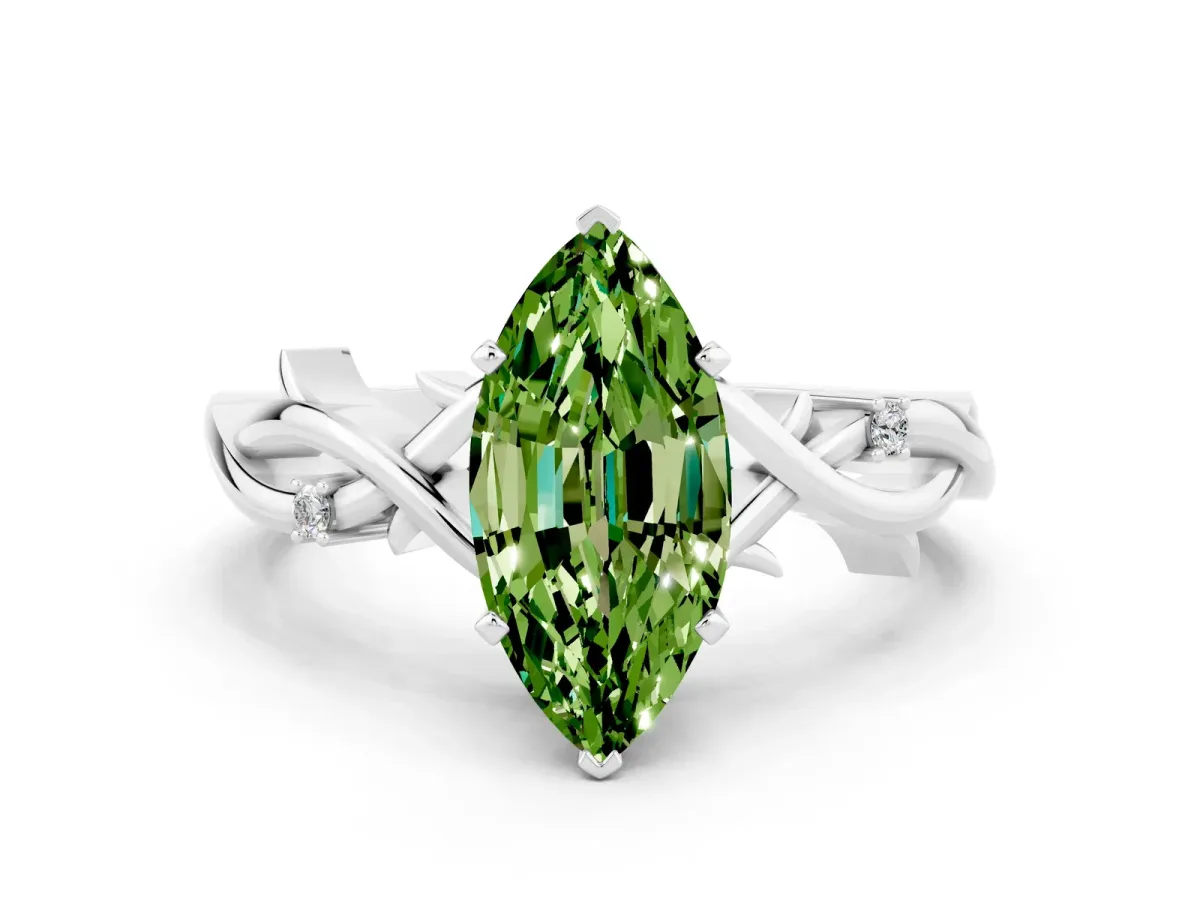 Marquise Cut Peridot Solitaire Ring with Twisted Band and Prong Setting Silver