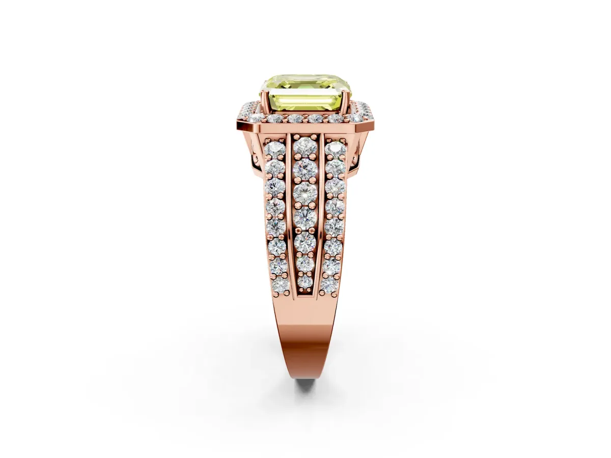 Fancy Yellow Asscher Cut Halo Diamond Ring with Round Split Shank and Prong Setting Rose gold