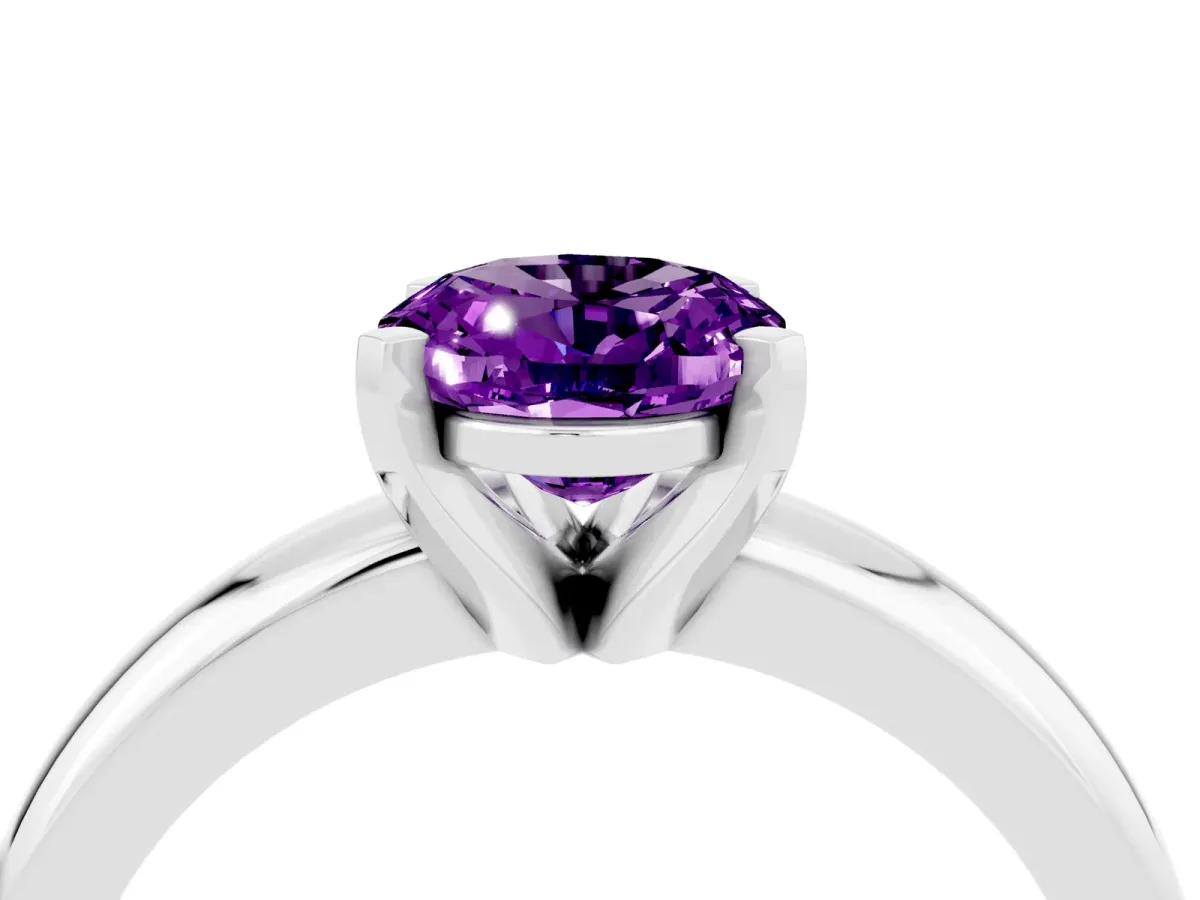 Oval Cut Amethyst Solitaire Engagement Ring with Round Band and Four-Prong Setting Silver
