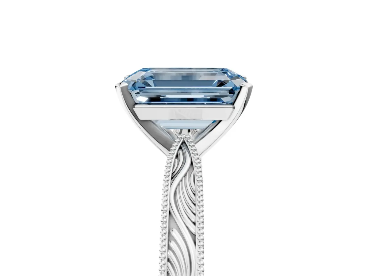 Fancy Blue Emerald Cut Solitaire Milgrain Engraved Band with Four-Prong Setting White gold