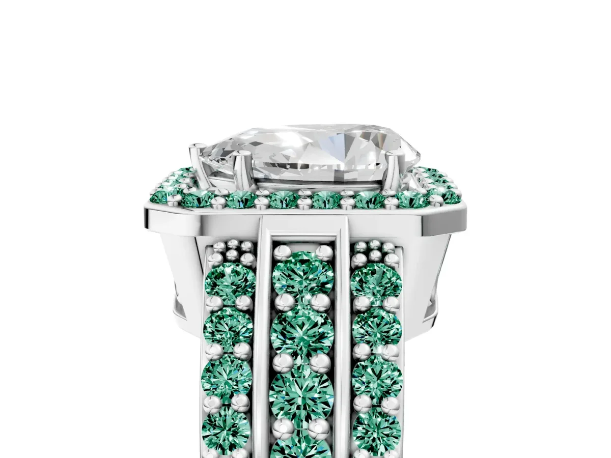 Pear Cut Halo Diamond Ring with Round Green Sapphire Split Shank and Prong Setting Silver