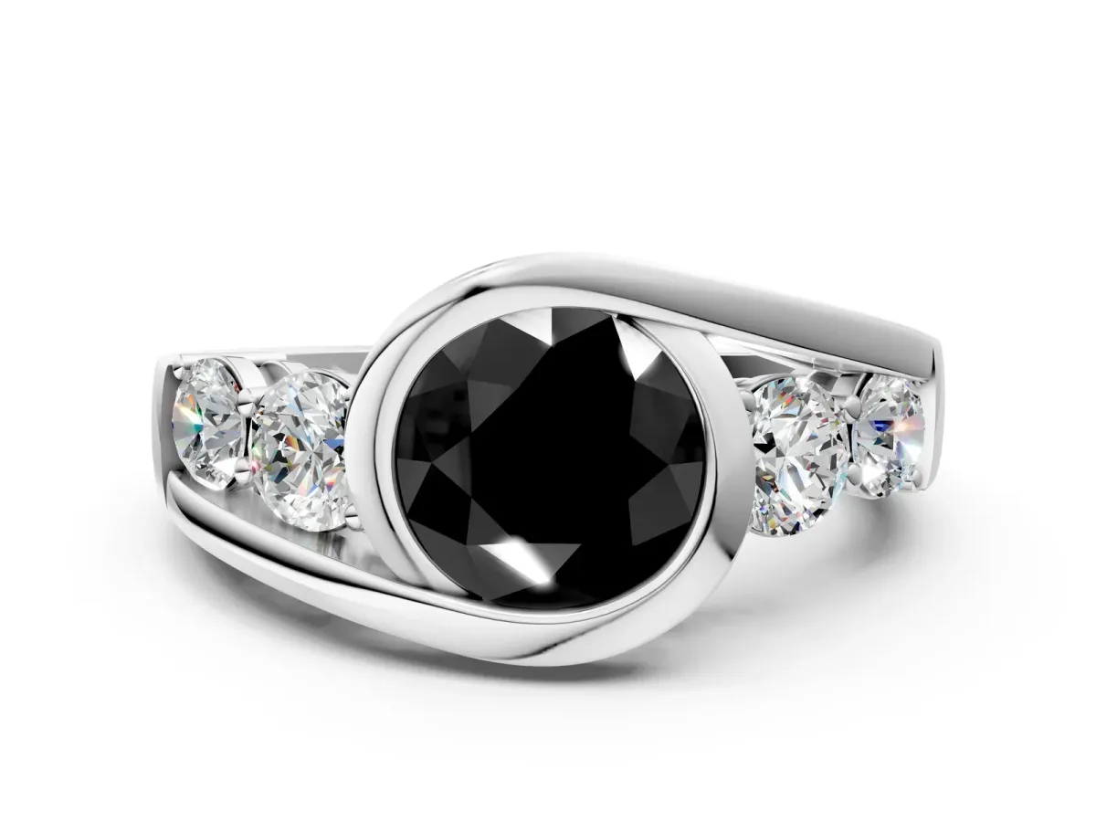 Fancy Black Bezel Set Round Cut Diamond Bypass Ring with Round Accents Platinum