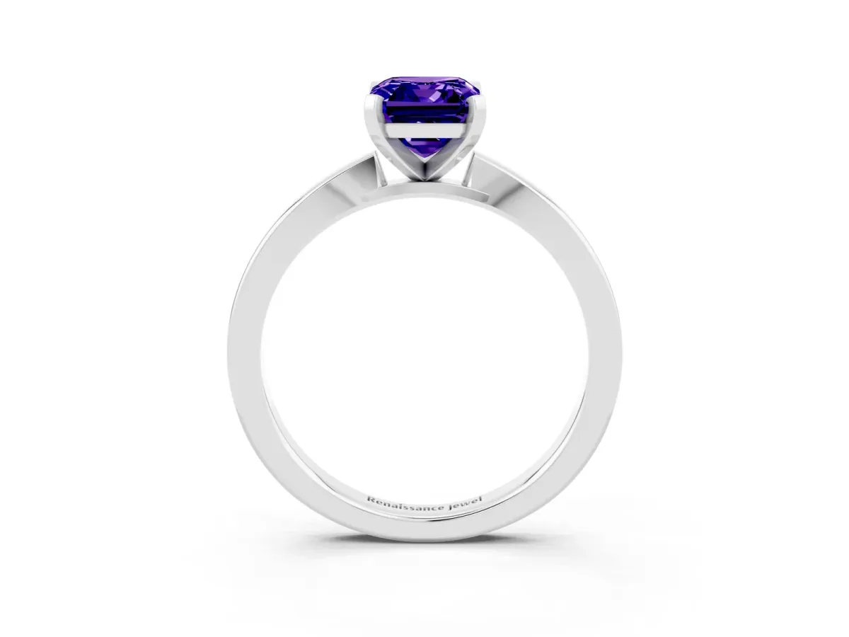 Emerald Cut Tanzanite Solitaire Engagement Ring with Classic Band and Four-Prong Setting Silver