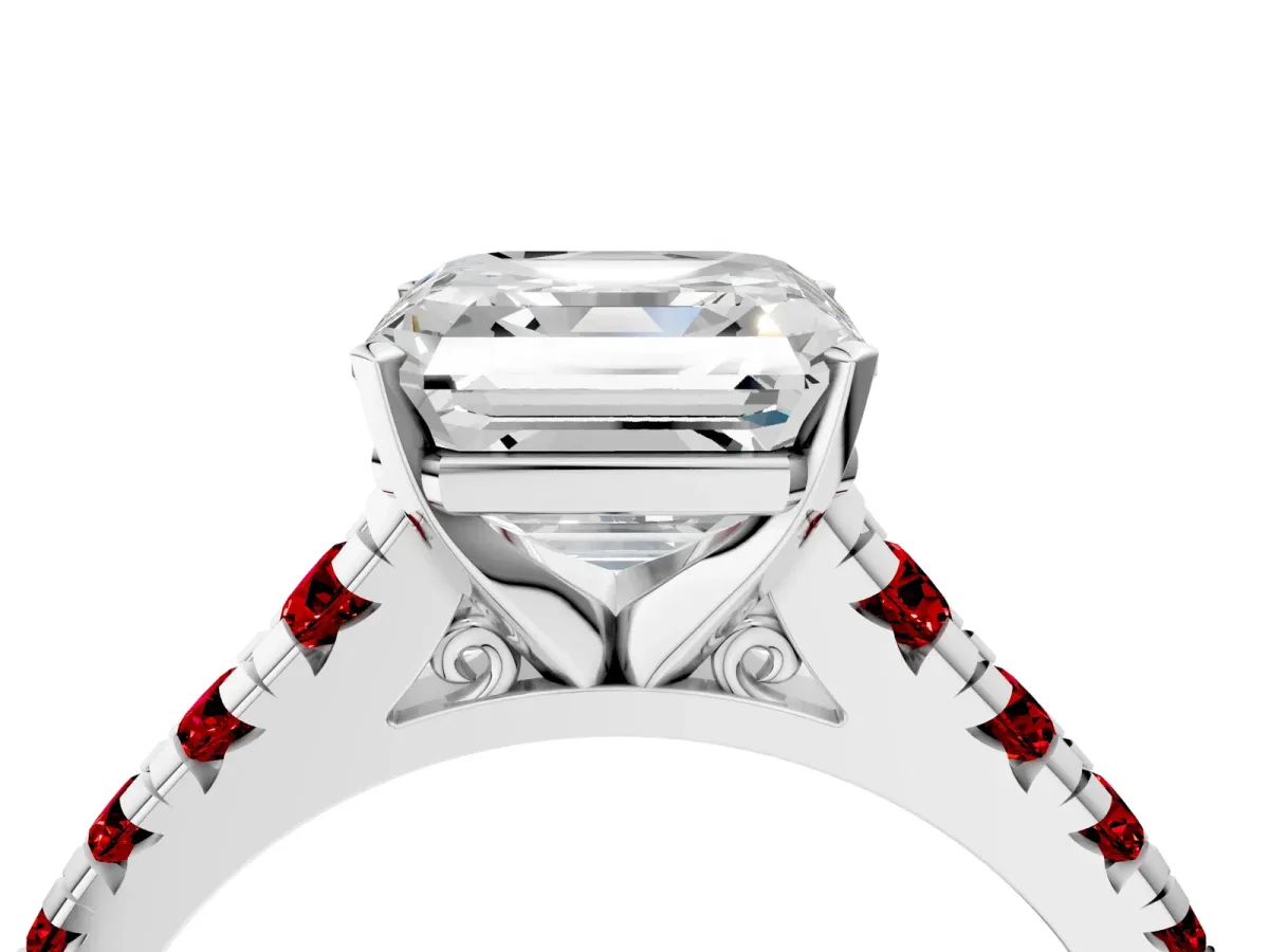 Asscher Cut Diamond Cathedral Solitaire Ring with Round Ruby Pavé Band Silver