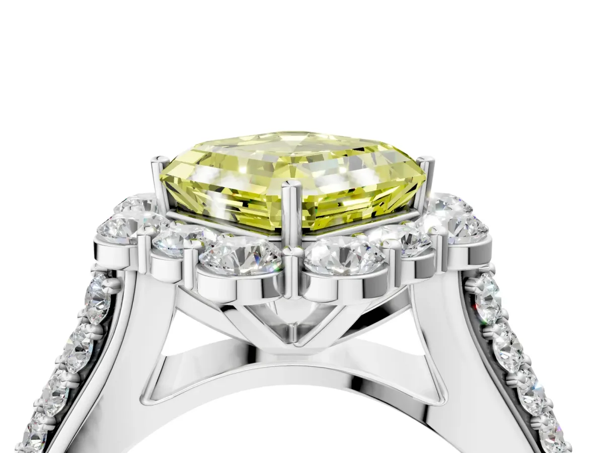 Fancy Yellow Asscher Cut Halo Diamond Engagement Ring with Split Shank and Prong Setting Platinum