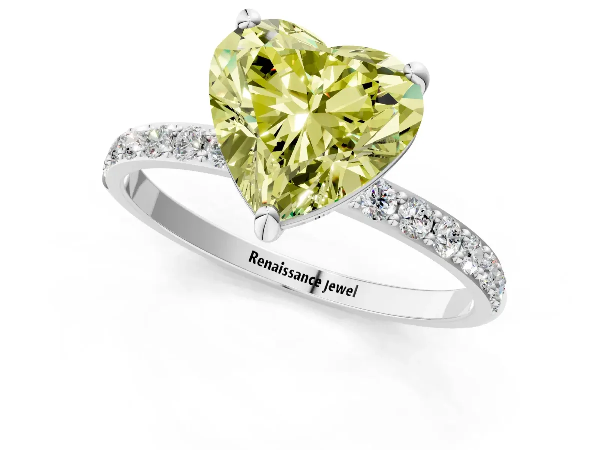 Fancy Yellow Heart Cut Diamond Solitaire Ring with Round Pavé Band and Prong Setting Silver