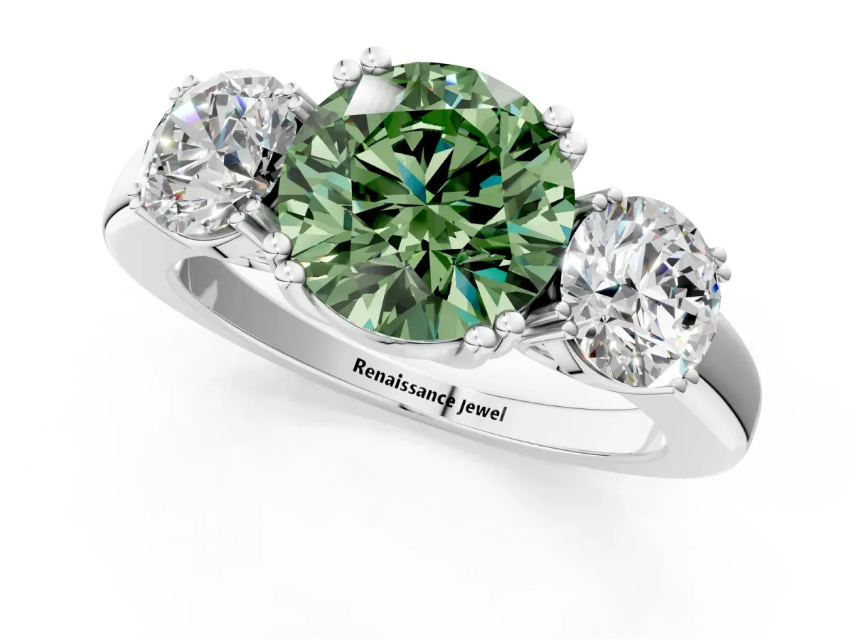 Fancy Green Three-Stone Round Cut Cut Diamond Ring with Channel Set Band and Four-Prong Setting Silver