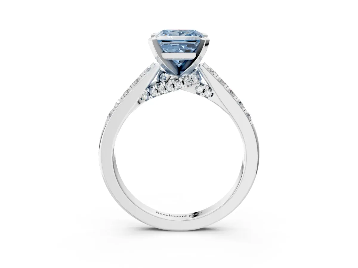 Fancy Blue Princess Cut Diamond Solitaire Ring with Crossover Gallery and Round Pavé Band Silver