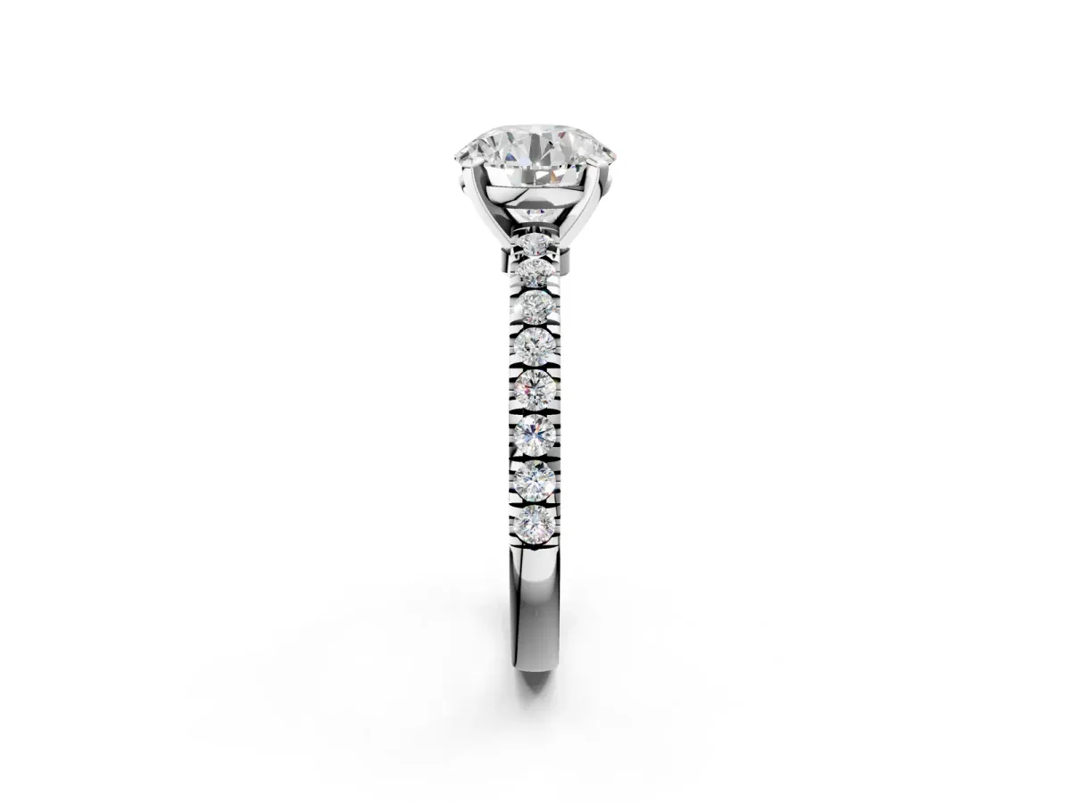 Round Cut Solitaire Diamond with Pavé Band and Four-Prong Setting Platinum