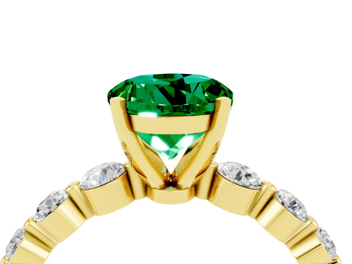 Round Cut Solitaire Emerald Ring with Pave Band and Four-Prong Setting Yellow gold