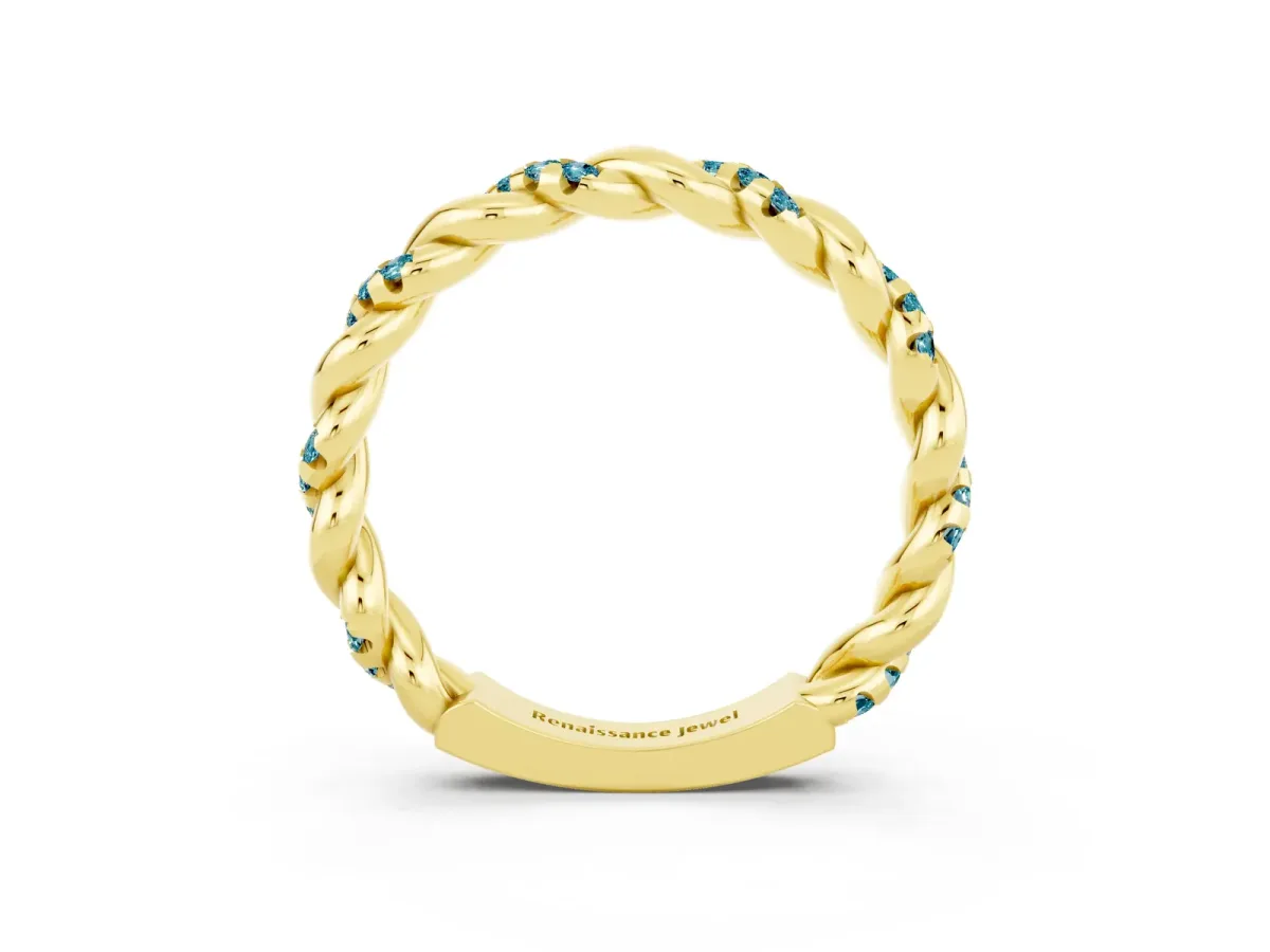 Twisted Pavé Round Blue Topaz Eternity Band Yellow gold
